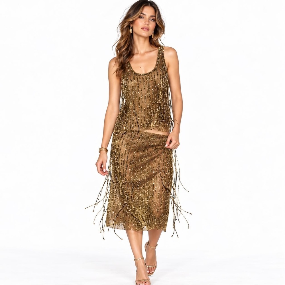 ZARA Women's NWOT Beaded Midi Skirt LARGE Gold Sequin Embellished Lined 7521/205